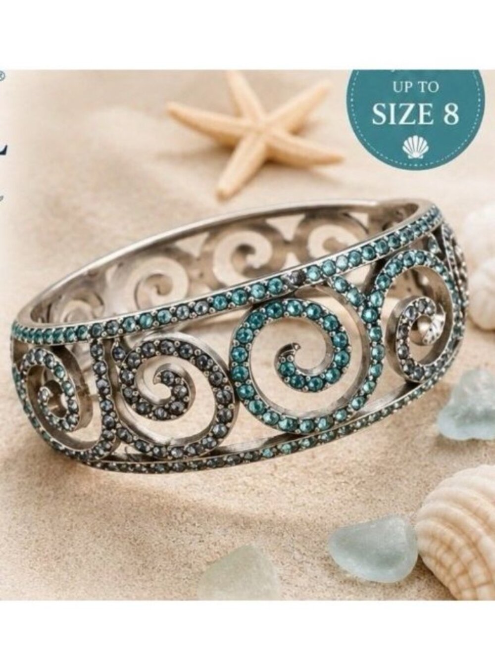 Brighton Crystal Wave Hinged Cuff Bracelet Silver Plated Blue Gray Crystals 7-8"